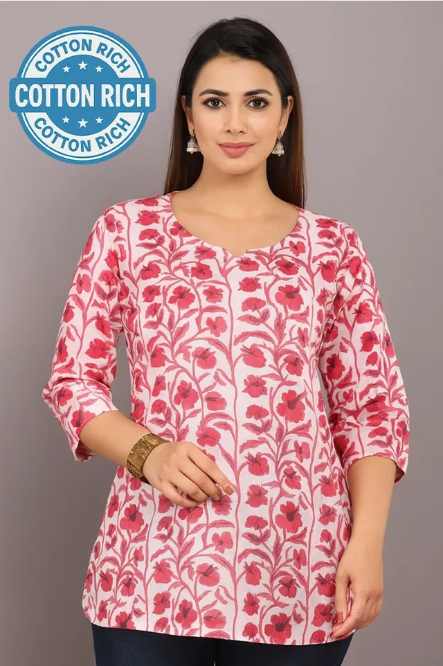 Cotton Floral Print Short Kurti for Women (Pink, L)