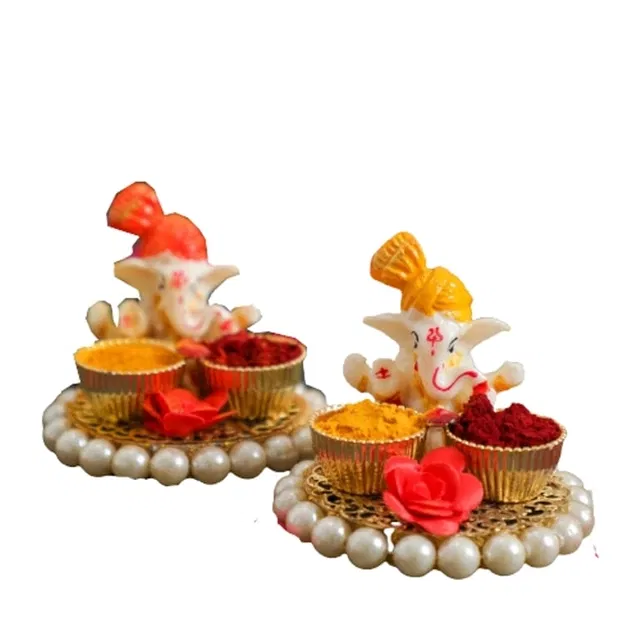 Metal Decorative Ganpati Haldi Kumkum Stand with 2 Roli Chawal Holder, Multicolor
