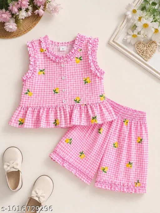 Cotton Mango Print Gingham Frill Sleeveless Top and Shorts Set for Girls (Pink, 3-6 Months)