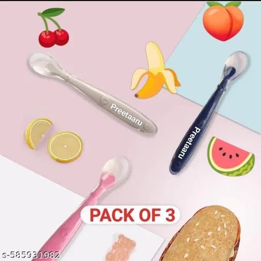 Preetaaru (Pack Of 3) Baby Soft Silicone Feeding Spoon For Kids