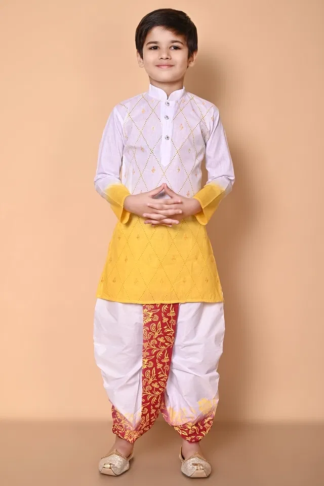 Cotton Embellished Kurta with Dhoti for Boys, Yellow & White (6-12 Months)
