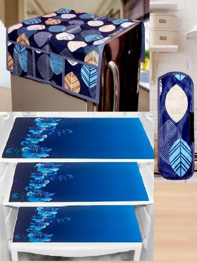 PVC Printed Fridge Top Cover with 3 Pcs Shelf Mats & Handle Cover (Multicolor, Set of 1)