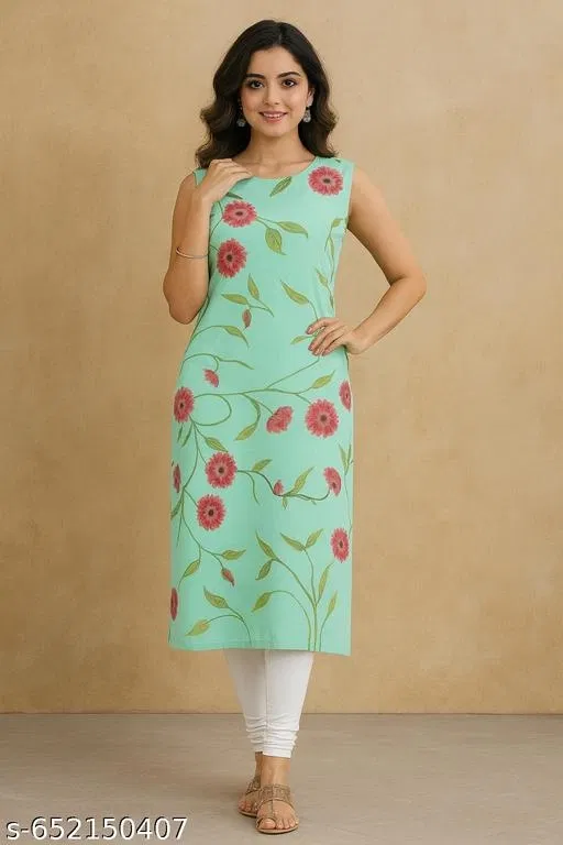Floral Printed Kurti for Women (Green, M)