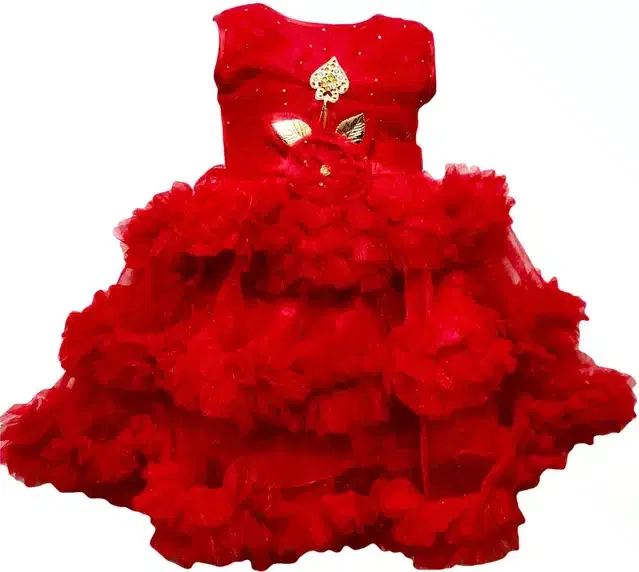 Netted Frock for Girls (Red & Pink, 12-18 Months)