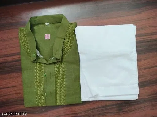 Cotton Solid Kurta Set for Men, White & Olive (XXL)