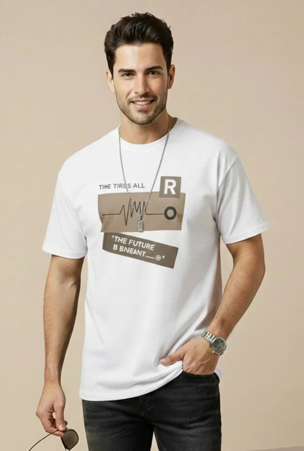 Polyester Printed T-shirt for Men, White (M)