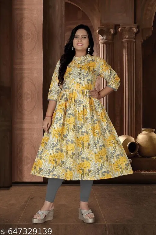 Floral Printed Cotton Kurti for Women (Lemon Yellow, XXXL)