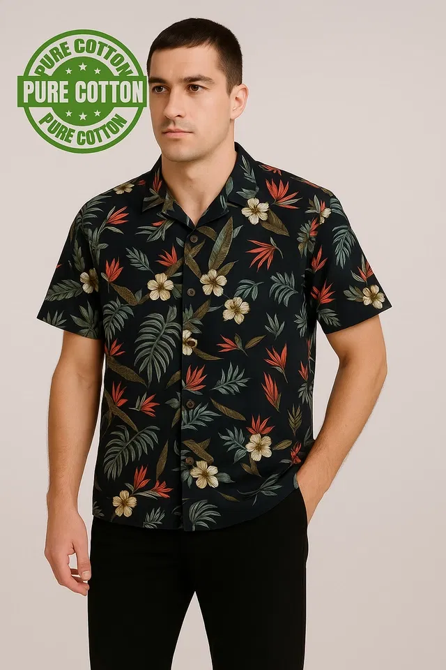 100% Cotton Half Sleeves Floral Shirt for Men (Black, L)