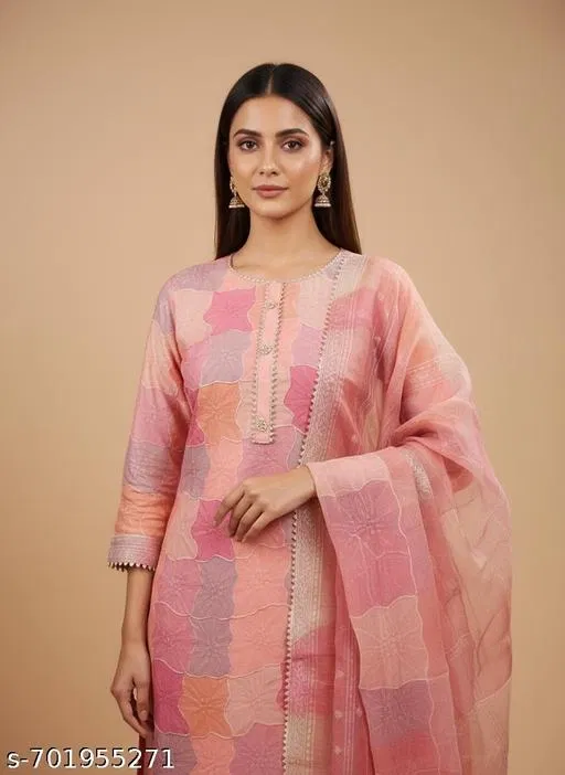 Bandhani Printed Jaipuri Designs Embroidered Top Bottom Duppata for Women (Pink, Un Stitched)