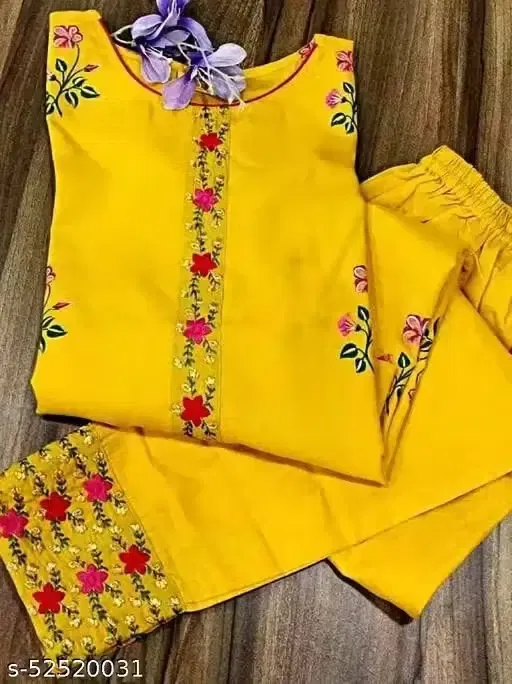 Trendy Cotton Blend Kurta with Pant for Women, Yellow (XXL)