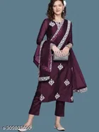 Rayon Embroidered Kurta with Pant & Dupatta for Women 