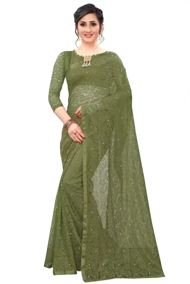 Net Solid Saree for Women (Olive, 6.3 m)