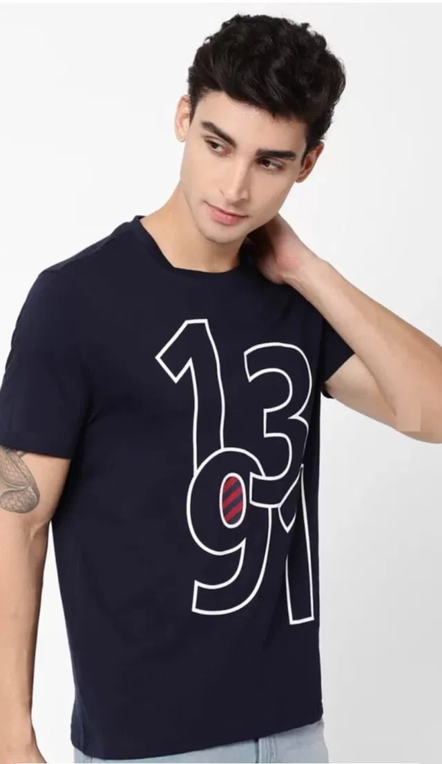 Round Neck Printed T-Shirt for Men (Navy Blue, L)