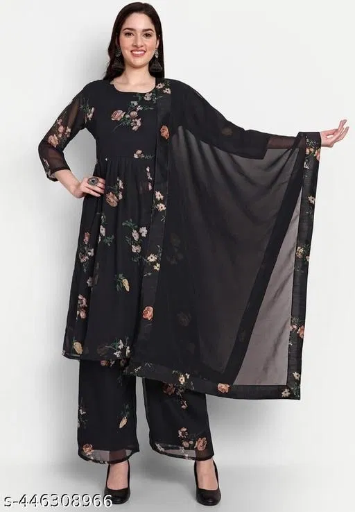 Chitrarekha Pretty Dupatta Set for Women (Black, XXL)
