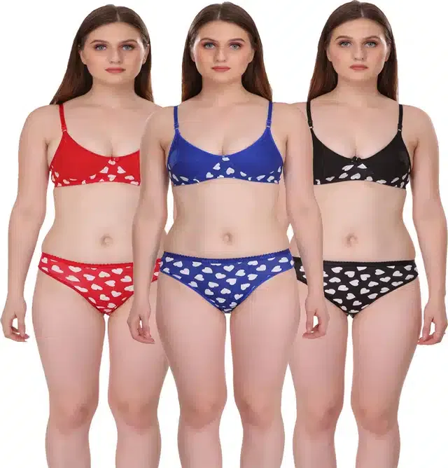 Cotton Blend Lingerie Set for Women (Multicolor, 34) (Set of 3)