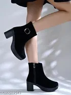 Shoetopia Solid Suede Mid-Top Heeled Boots Black 