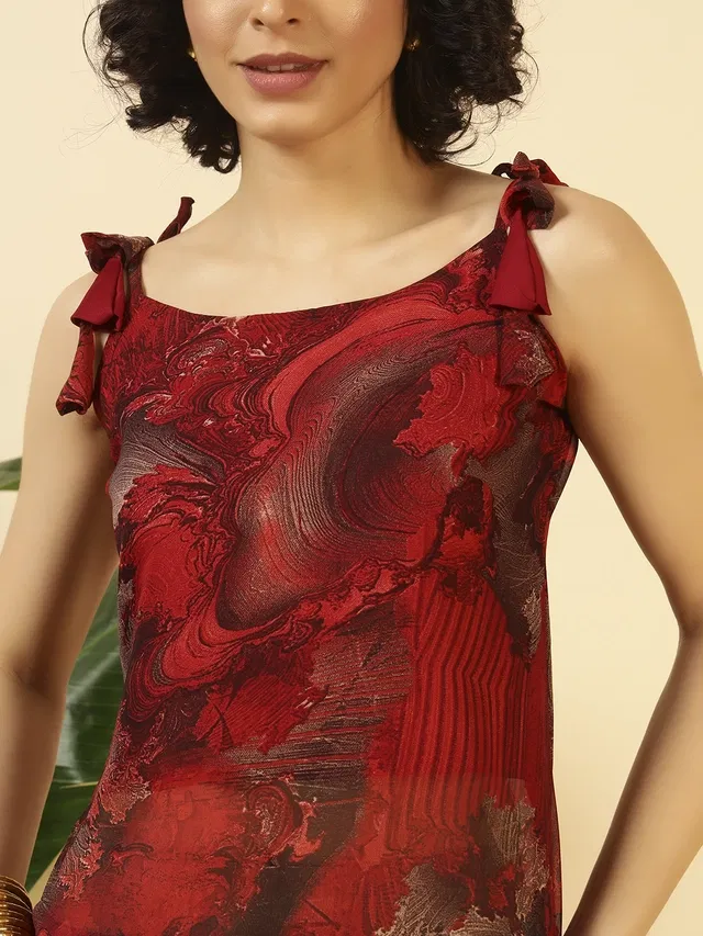 Tie Up Georgette Kurti for Women (Maroon, XS)