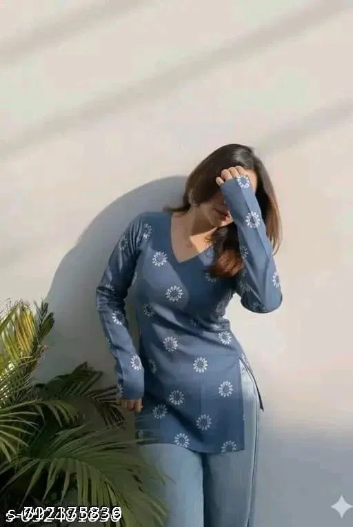Rayon Printed Short Kurti for Women, Blue (L)