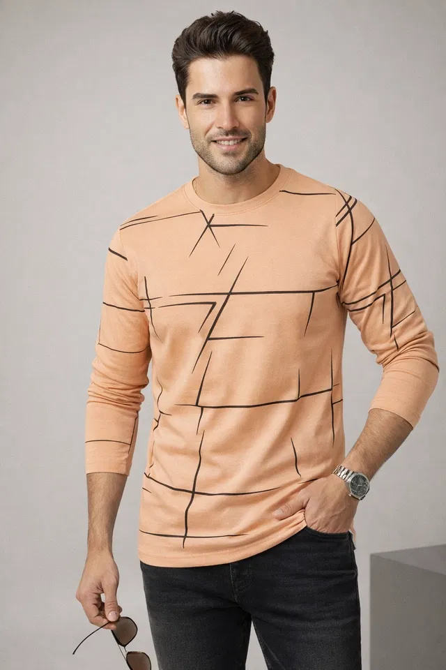 Polyester Printed T-shirt for Men, Peach (M)