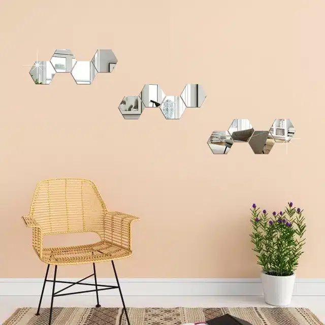 Acrylic Hexagon Shaped Wall Mirror Stickers (Silver, Pack of 12)