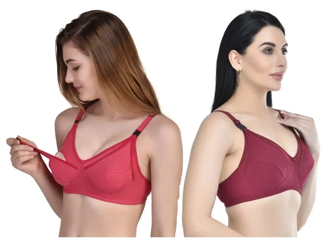 Cotton Blend Solid Non Padded Feeding Bras for Women (Multicolor, 38) (Pack of 2)