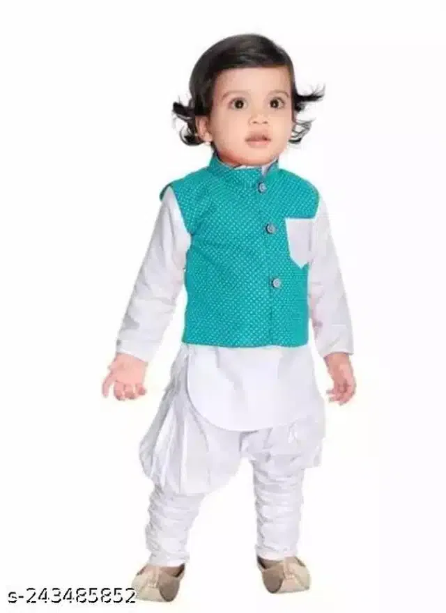 Cotton Full Sleeves Jacket with Kurta & Pyjama Clothing Set for Boys (Turquoise & White, 18-24 Months)