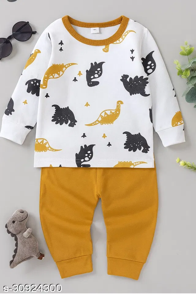 Cotton Blend Printed Clothing Set for Kids, White & Mustard (3-4 Years)