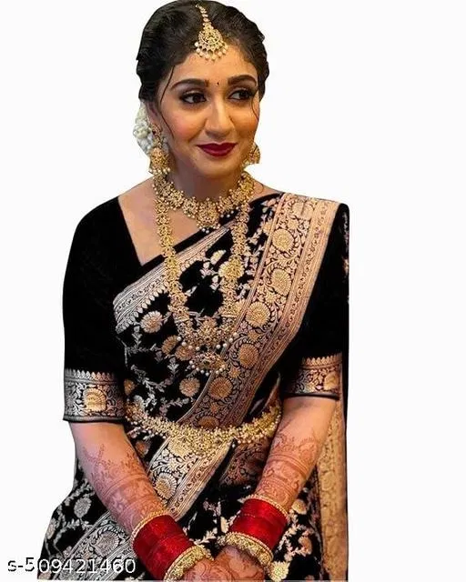 Banarasi Silk Saree for Women (Black, Free Size)