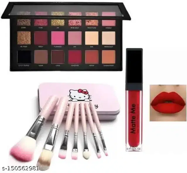 Eye Shadow Palette with 7 Pcs Makeup Brushes & Lipstick (Multicolor, Set of 3)