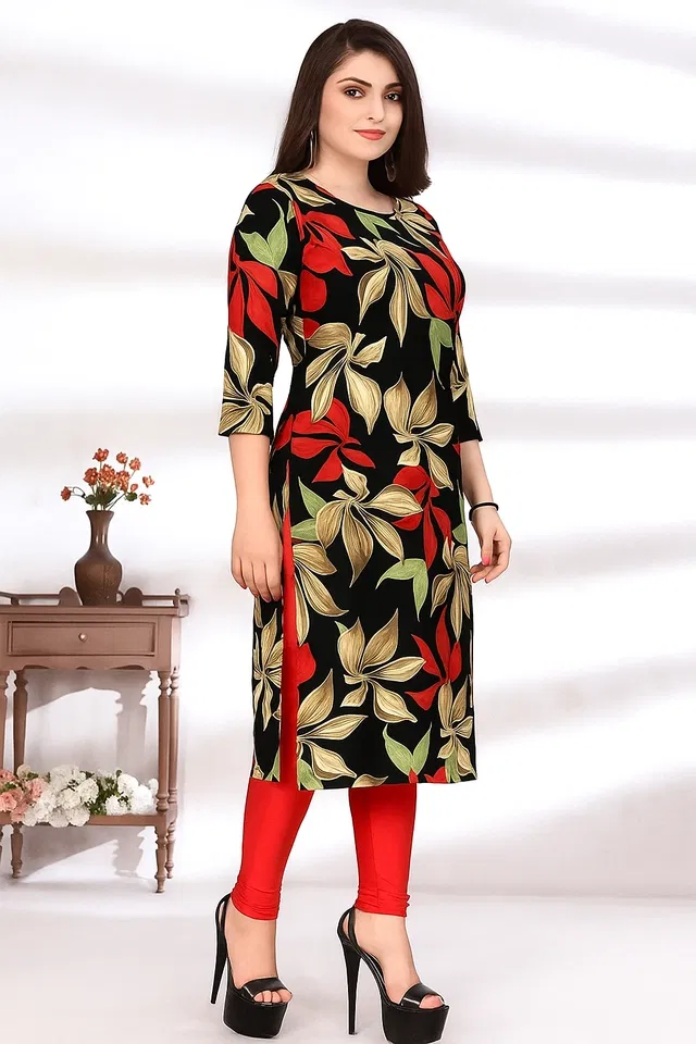 Crepe Floral Print Kurti for Women (Multicolor, XXL)