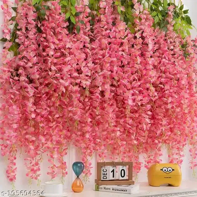 Polyester Artificial Hanging Flower Garlands (Pink & Green, Pack of 6)
