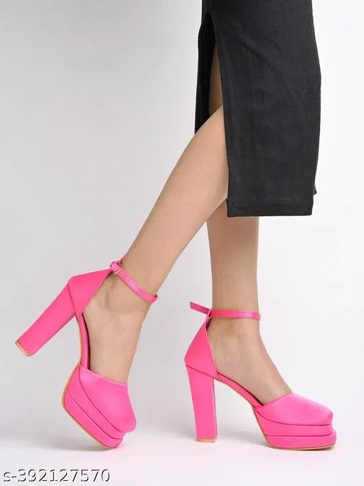 [245] Pink Solid Square Toe Block Sandals for Women (IND-3)