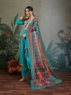 Cotton Blend Printed Kurti With Pant & Dupatta for Women, Sky Blue 