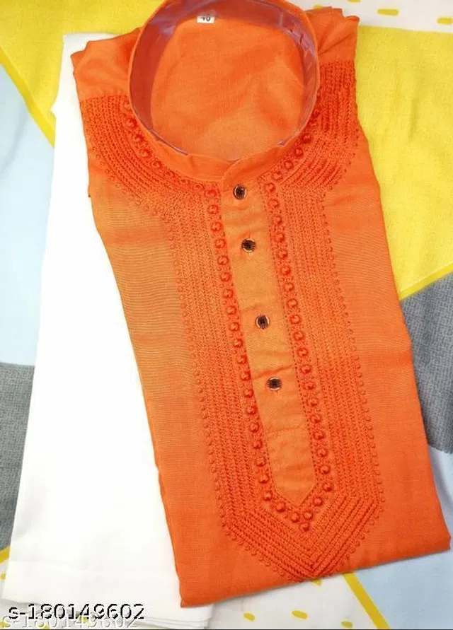 Cotton Embroidered Kurta with Pyjama for Men (Orange & White, L)