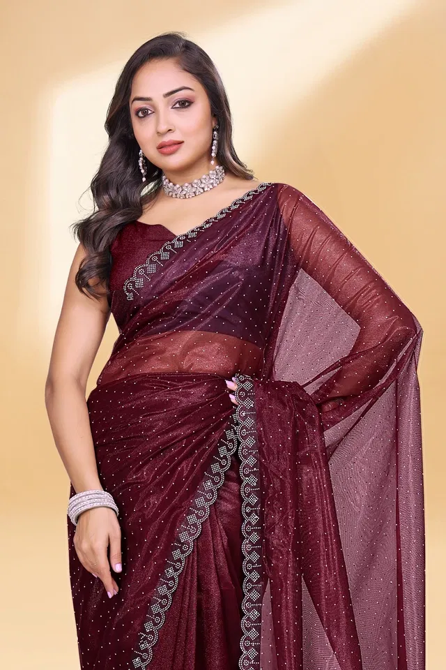 Net Embellished Saree for Women (Maroon, 6.3 m)