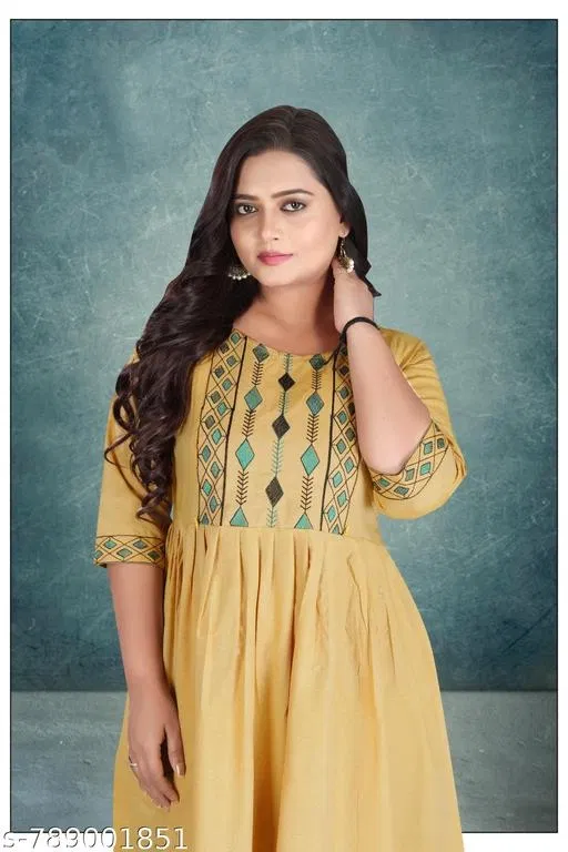 Embroidered Floral Cotton Kurti for Women (Beige, XL)