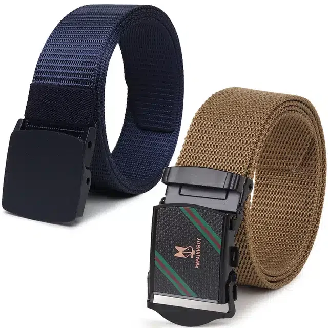 Casual Nylon Belts for Men (Blue & Cream, Pack of 2)
