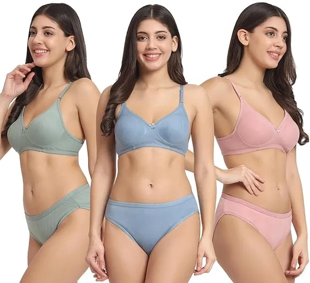 Padded T-Shirt Bra & Panty Set for Women, Pack of 3 (Multicolor, 40)