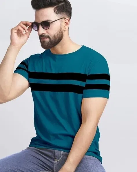 Round Neck Colorblocked T-Shirt for Men (Teal, XXL)