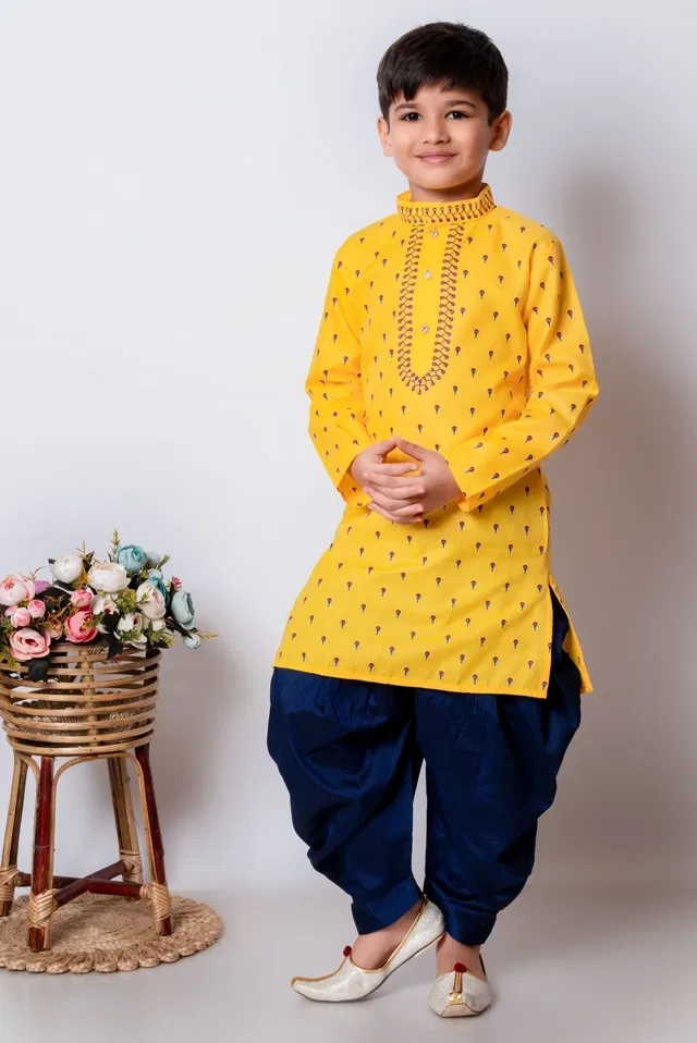 Cotton Blend Printed Kurta with Dhoti for Boys, Yellow & Blue (6-7 Years)
