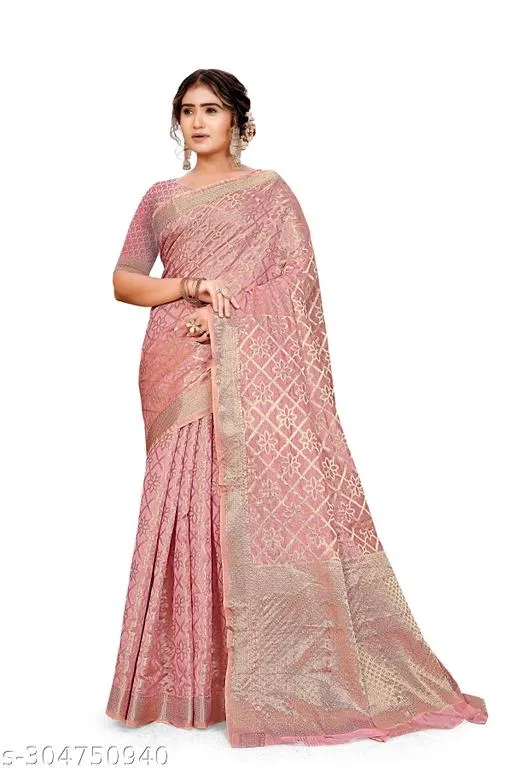 Organza Zari Woven Saree for Women (Pink, 6.3 m)