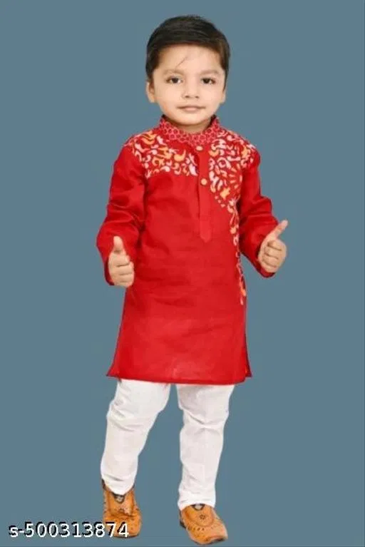 Floral Cotton Kurta Set for Boys (White, 2-3 Years)