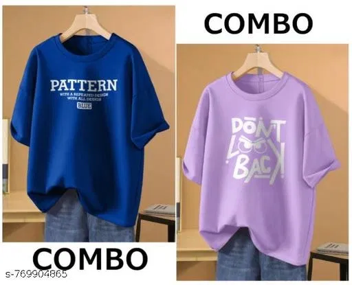 Cotton Blend Printed T-shirt for Women, Blue & Purple, Pack of 2 (S)