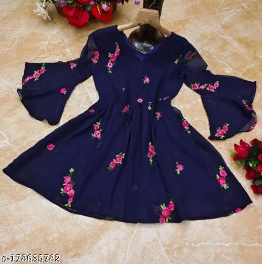 Party Frock for Girls (Navy Blue, M)