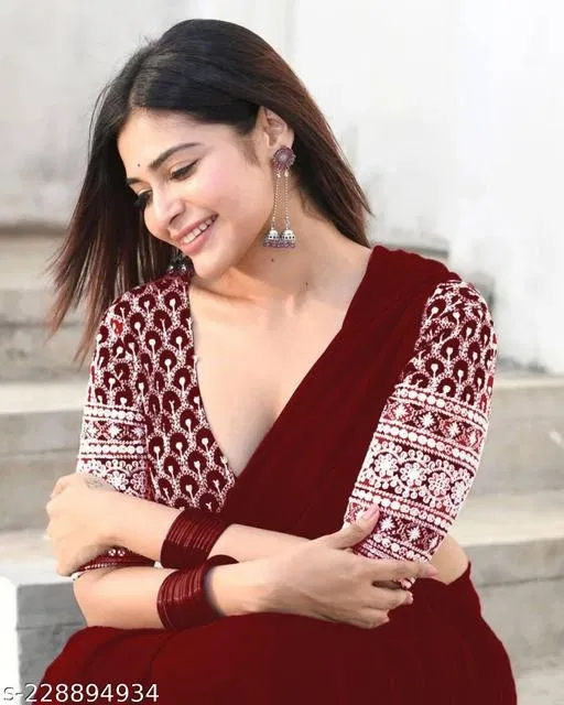 Georgette Solid Saree For Women, Maroon