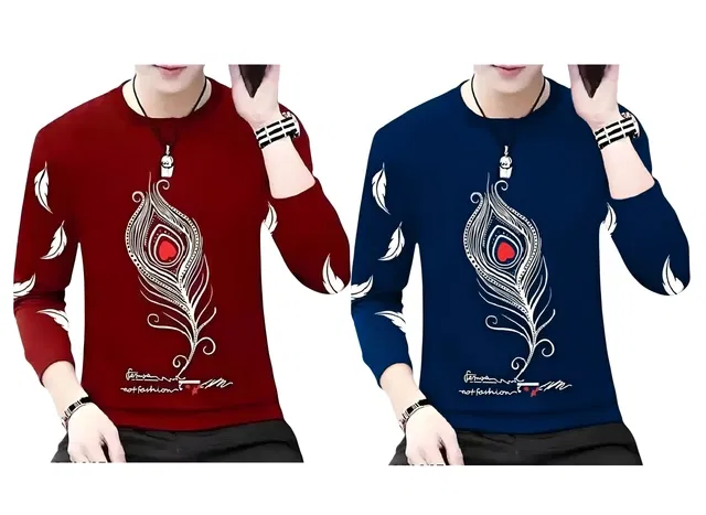 Round Neck Printed T-Shirt for Men (Navy Blue & Maroon, L) (Pack of 2)