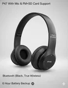 P47 6H Battery Backup Headphone, Black with Mic & FM+SD Card Support with 6 Hour Battery Backup