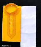 Cotton Solid Kurta Set for Men, White & Yellow 