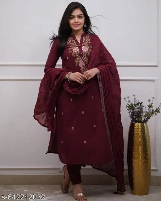 Kurta Set for Women (Maroon, S)