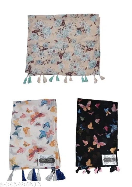 Poly Chiffon Printed Scarves for Women, Multicolor, Pack of 3
